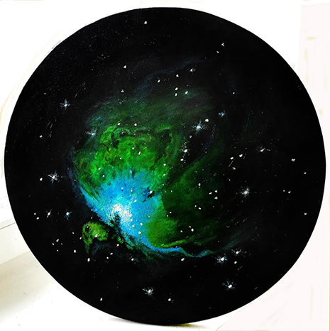 Orionova meglica, od zemlje oddaljena 1600 svetlobnih let. Naslikana z akrilnimi barvami na okroglo platno, premera 40 cm.