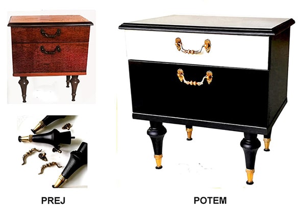 Iz rjave se je omarica prelevila v črno- belo, medeninasto okrasje pa zaokroži  novo svežo podobo.