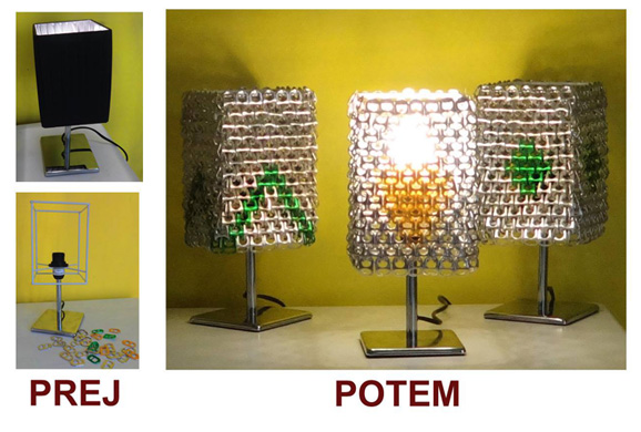 Namizna svetilka je namesto prejšnje črne preobleke dobila novo, sestavljeno iz kovinskih koščkov.