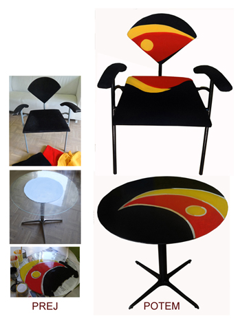 Stara mizica ima skrajšane noge, pobarvana je v dva različna zelena odtenka, Na zgornjo ploskev je prilepljeno ogledalo.