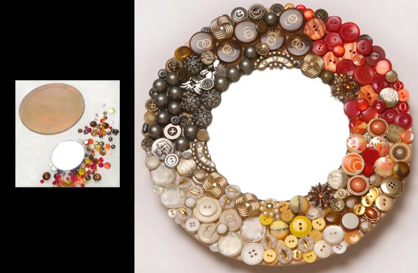 Lesen krožnik in različni gumbi postanejo atraktiven okvir za ogledalo.