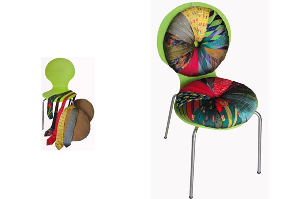 Novi blazini oblečeni v stare kravate za nadgradnjo jedilniškega stola.