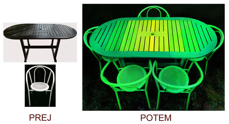 Rjava lesena vrtna miza in beli kovinski stoli so z barvami za les in kovino  dobili  harmonično zeleno-rumeno podobo.